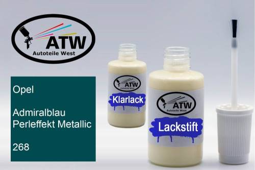 Opel, Admiralblau Perleffekt Metallic, 268: 20ml Lackstift + 20ml Klarlack - Set, von ATW Autoteile West.